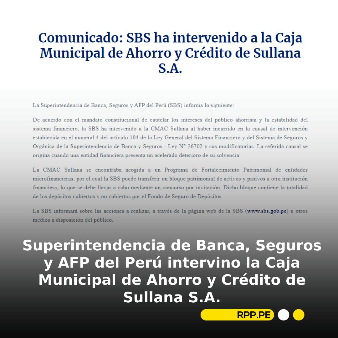 RPPNoticias's tweet photo. 🔴 #Atención
La Superintendencia de Banca, Seguros y AFP del Perú intervino a la Caja Sullana por un "acelerado deterioro de su solvencia".

Ampliaremos en breve en https://t.co/ZKe1kd3ev6 https://t.co/b2x0vk0ija