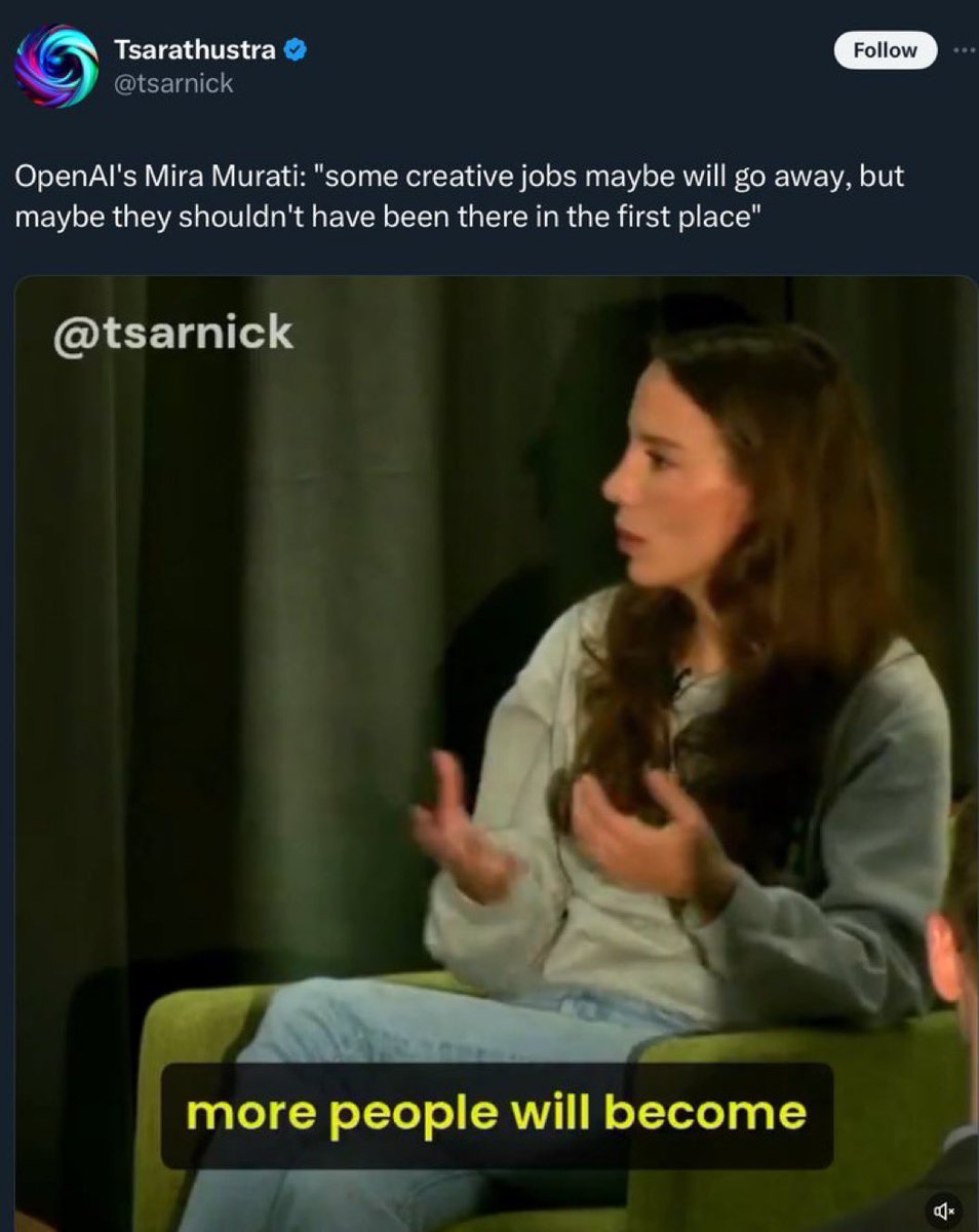ZakugaMignon's tweet photo. “Maybe those creative jobs should not have existed in the first place”
 
From literally the person that is stealing from those jobs to make their genAI

You needed those creatives without us you would have NOTHING https://t.co/EluDQPRXhB