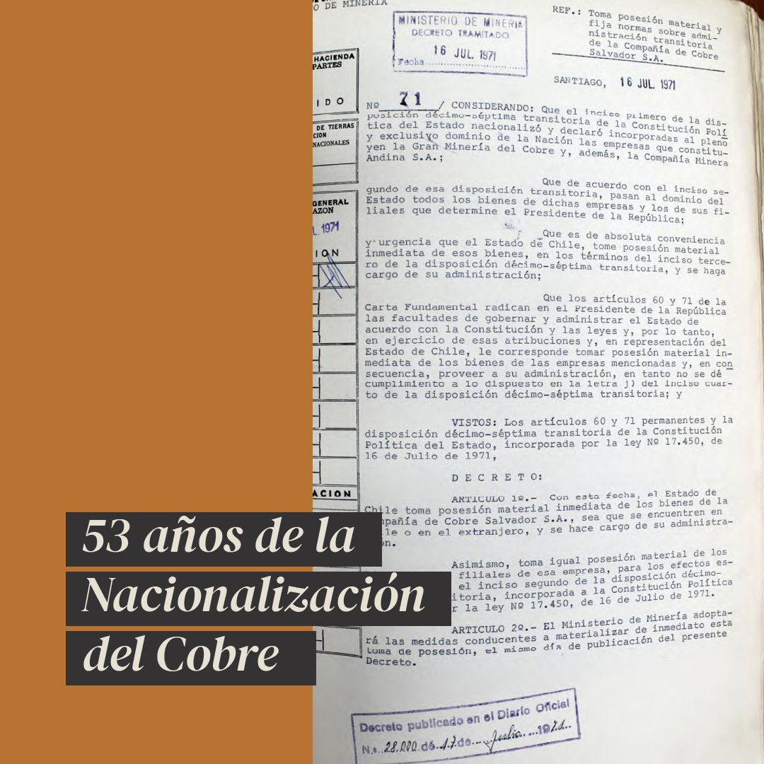 ANdeChile's tweet photo. #UnDíaComoHoy, el 11 de julio de 1971, el Congreso Nacional aprobó por unanimidad la nacionalización de la gran minería del cobre en Chile.

Esta medida, impulsada por el presidente Salvador Allende, permitió que el Estado chileno se convirtiera en propietario absoluto de(hilo) https://t.co/KK93yvLqmu