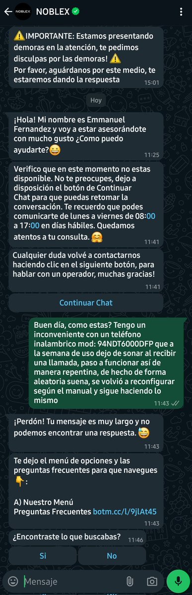 PabloLSolis's tweet photo. Hola @NoblexAr te consulto, porque yo tengo que esperar 19hs para que me brinden una respuesta y ustedes no pueden esperar poco menos de 20min? https://t.co/rfV7PbYJ1J