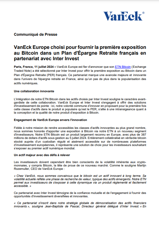🚨 <a href="/vaneck_us/">VanEck</a> Europe vient d'annoncer que son ETN #Bitcoin a été sélectionné par Inter Invest pour offrir la première exposition au $BTC dans un Plan d'Épargne Retraite (PER) français 🇫🇷