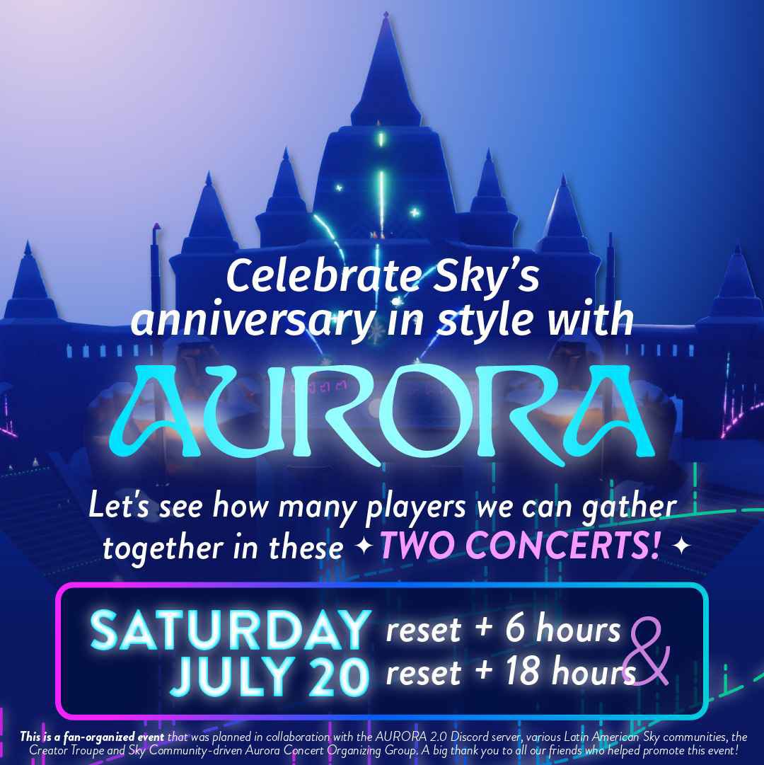 Join us in Celebrating Sky’s 5th anniversary with a HUGE AURORA concert gathering!

⭐️Brought to you by the Sky Community-driven AURORA Concert Organizing Group, (SCACOG) in collaboration with Aurora 2.0, ALAS (Alianza Latinoamericana de Sky) and the Sky Creator Troupe.⭐️