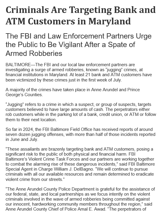 BowiePDNews's tweet photo. 🚨 FBI releases a statement warning citizens to stay alert when going to the bank. #Bowie #DMV #Lawenforcement #jugging https://t.co/nvT54I1Zn5