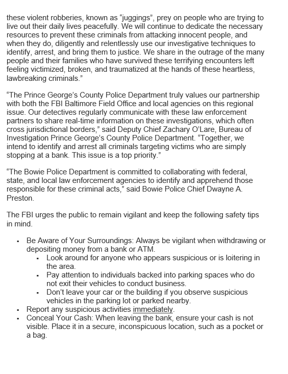 BowiePDNews's tweet photo. 🚨 FBI releases a statement warning citizens to stay alert when going to the bank. #Bowie #DMV #Lawenforcement #jugging https://t.co/nvT54I1Zn5