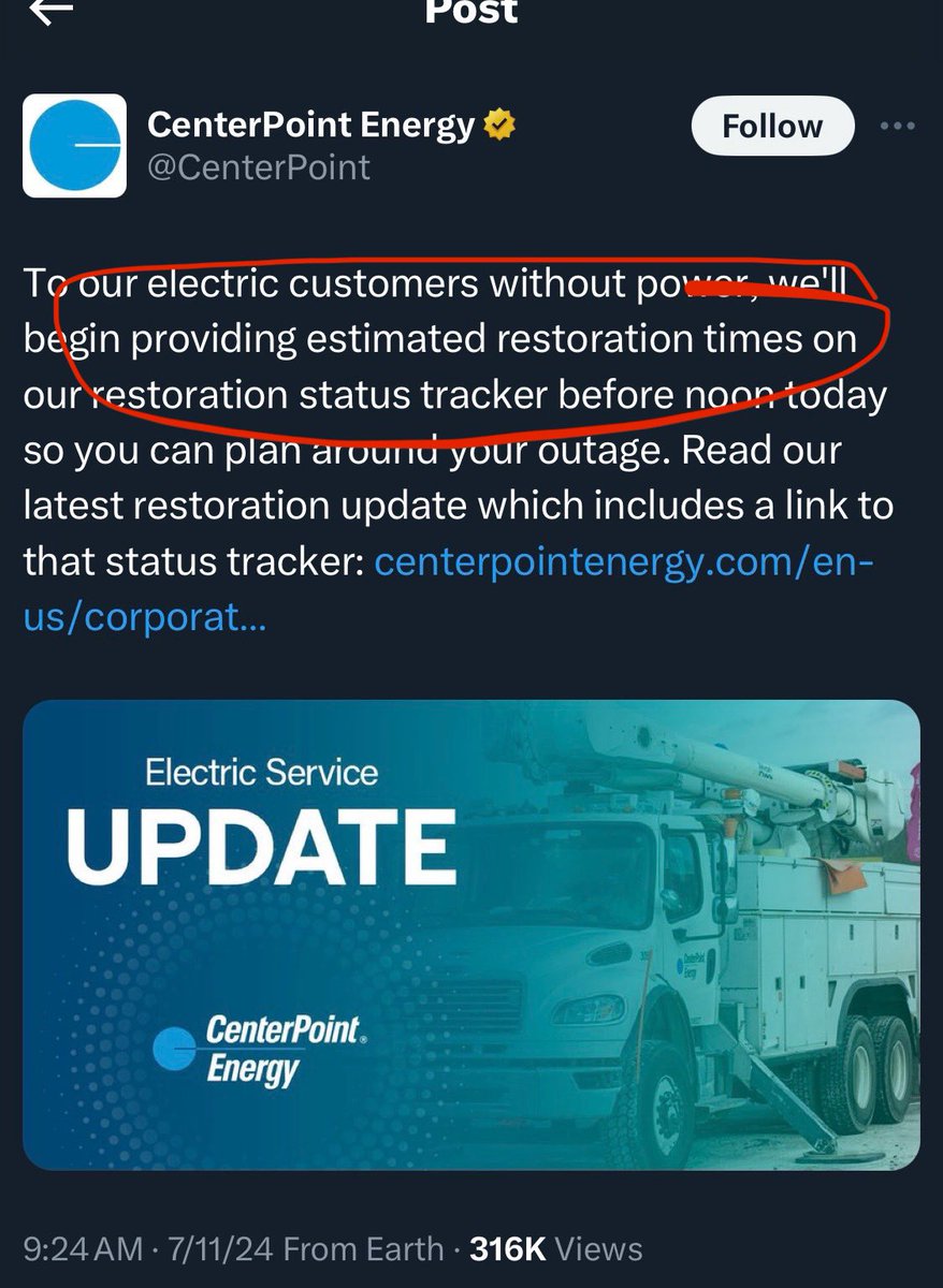 chronMC's tweet image. Where are the times @CenterPoint  ?!?!? So far you just have a bullshit map on the website.