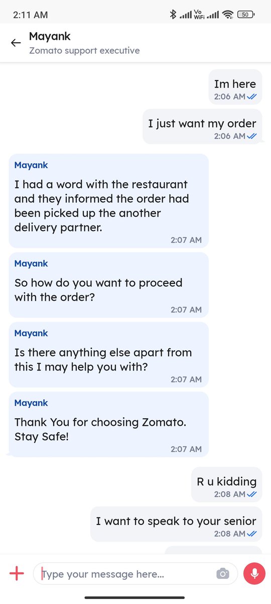 skunal428's tweet photo. Ordered from @zomato a delivery partner took my order and ran away. The restaurant is closed now. I waited almost 2 hours for a 30 min delivery. Is this how u work? @zomatocare @deepigoyal https://t.co/zUF9BZV0gR