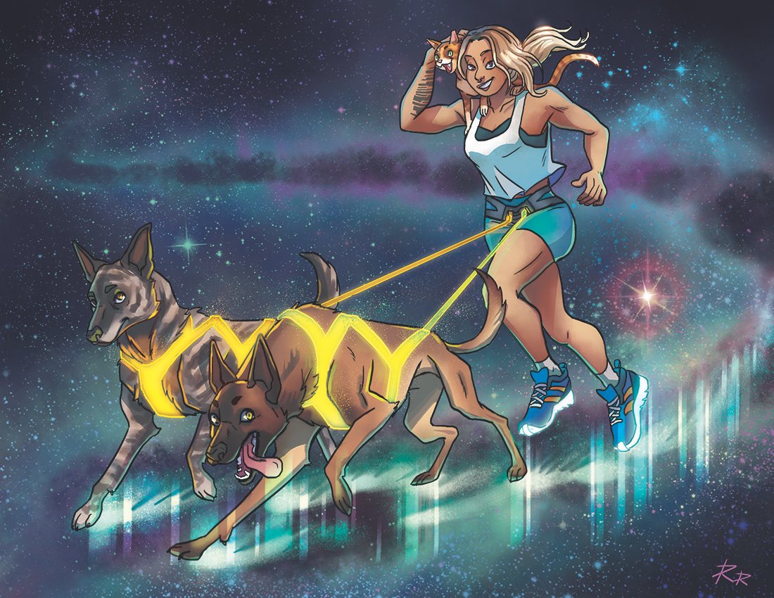 Just finished another cute digital pet portrait! 

This person loves their sheps, canicross, their crazy orange cat and space ✨