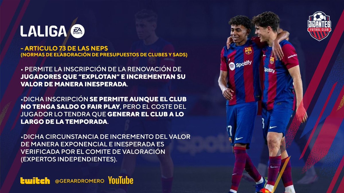👇🏼 El porqué el Barça ha podido inscribir a Lamine Yamal y Pau Cubarsí con ficha del primer equipo

✋🏼 El coste de los dos jugadores se restará del límite del coste salarial del año que viene, por lo que no computaría para el fairplay de este año.