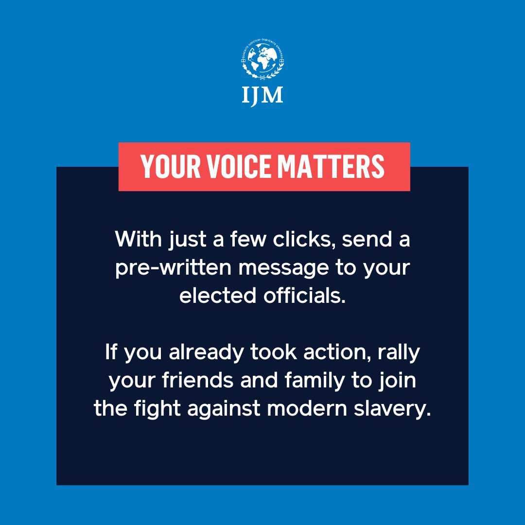 A message to your legislators can significantly impact funding for crucial anti-trafficking initiatives. ✉️ @JTIP_State <a href="/StateDept/">Department of State</a> <a href="/USAID/">USAID</a> 

Join the fight against human trafficking today by sending an email today!

Click to get started: ijm.org/congress-fund-…