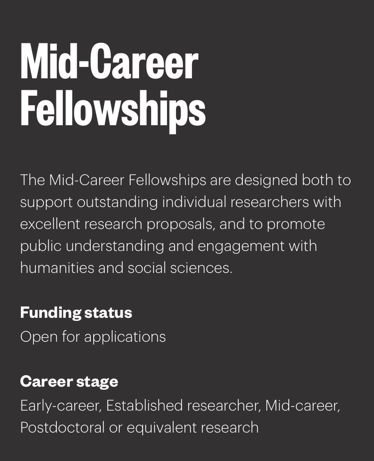 Hetan Shah (@hetanshah) on Twitter photo Mid-career in academia is tough. So Iām really pleased weāve opened the call for <a href="/BritishAcademy_/">The British Academy</a> mid-career fellowships. These free you from administrative commitments for a period of 6-12 months, to devote to the completion of a major piece of research thebritishacademy.ac.uk/funding/mid-ca⦠Mid-career in academia is tough. So Iām really pleased weāve opened the call for <a href="/BritishAcademy_/">The British Academy</a> mid-career fellowships. These free you from administrative commitments for a period of 6-12 months, to devote to the completion of a major piece of research thebritishacademy.ac.uk/funding/mid-caā¦