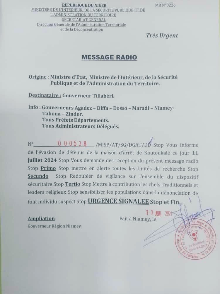 🚨#Niger 🇳🇪 : la prison de Koutoukalé a été le théâtre d’une mutinerie ce jeudi. Selon les premières informations, tous les prisonniers sont évadés. La prison de Koutoukale, qui abrite plusieurs grands terroristes issus de Boko Haram, et du JNIM, est située à environ 45