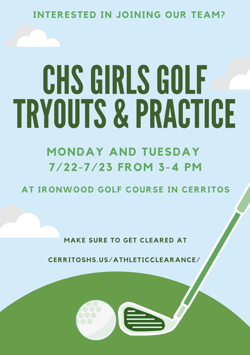 CerritosHS (@cerritoshs) on Twitter photo Girls Golf Tryouts for 2024 Fall- recently updated!
New date and time: Monday and Tuesday, 7/22-7/23 @ 3pm-4 pm Girls Golf Tryouts for 2024 Fall- recently updated!
New date and time: Monday and Tuesday, 7/22-7/23 @ 3pm-4 pm