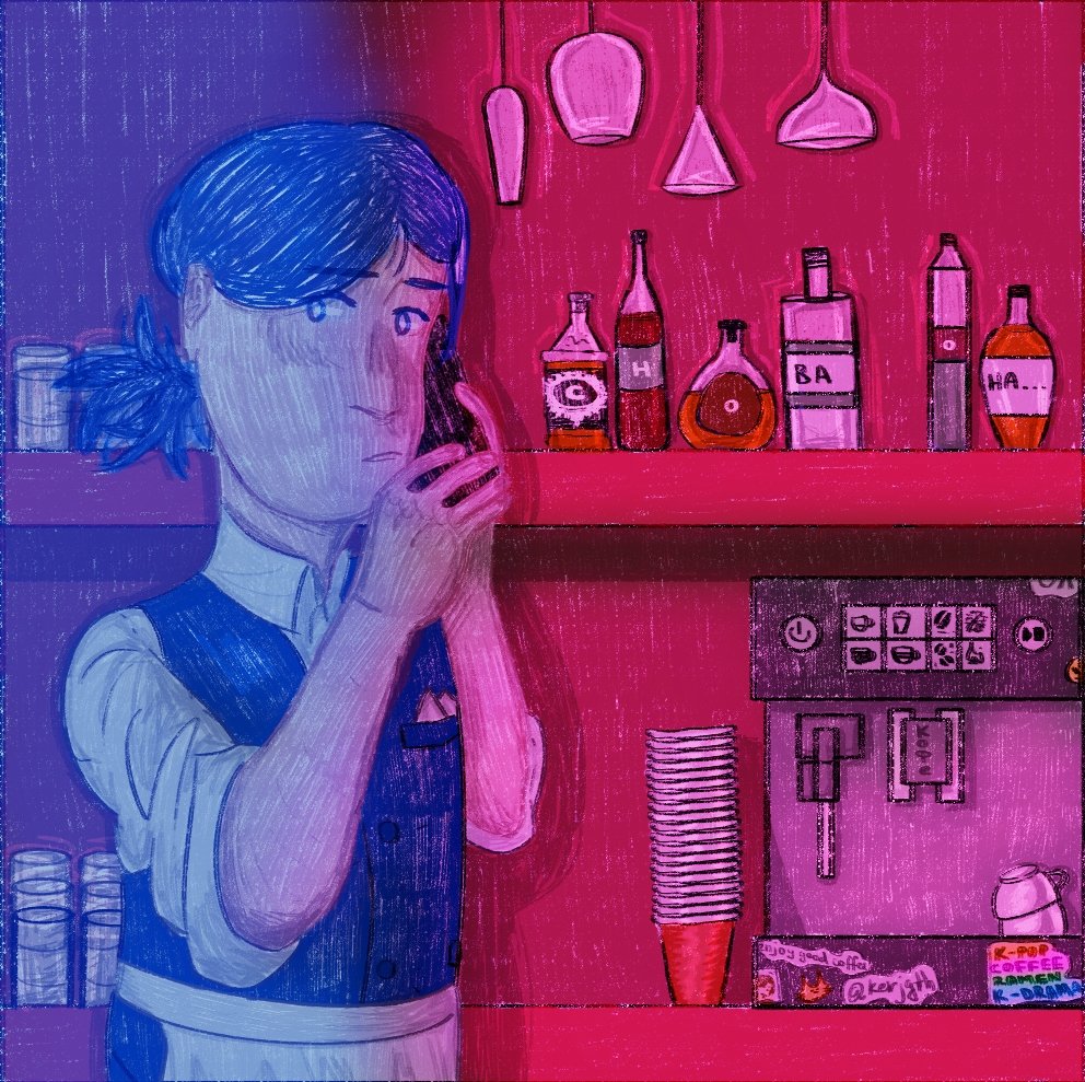 kerjgth's tweet photo. my friend's character Kostya in ✨bisexual lightning✨ and noir theme hehe
wanted to post him on pride month but couldn't decide what render to use TT_TT  

also letters on the bottles are the phrase 'it's she again'. love this detail :) https://t.co/9HVNRmfIxf