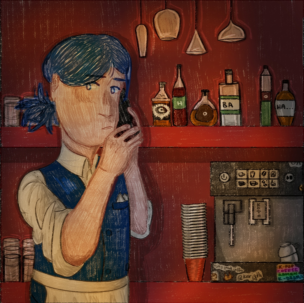 kerjgth's tweet photo. my friend's character Kostya in ✨bisexual lightning✨ and noir theme hehe
wanted to post him on pride month but couldn't decide what render to use TT_TT  

also letters on the bottles are the phrase 'it's she again'. love this detail :) https://t.co/9HVNRmfIxf