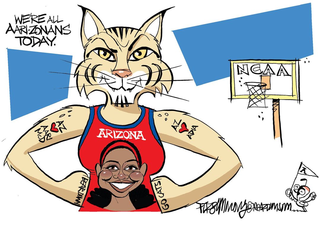 sueonline's tweet photo. One of my fave tributes to @McdonaldAari2 during her @ArizonaWBB days was by cartoonist David Fitzsimmons then with @TucsonStar. Everyone hypes the DAWG in her. Cat fans also treasure the CAT in Aari. ♥️💙#winner #beardown #wildcatforever #ProCat #LASparks #WNBA https://t.co/s5fPEk4w2o