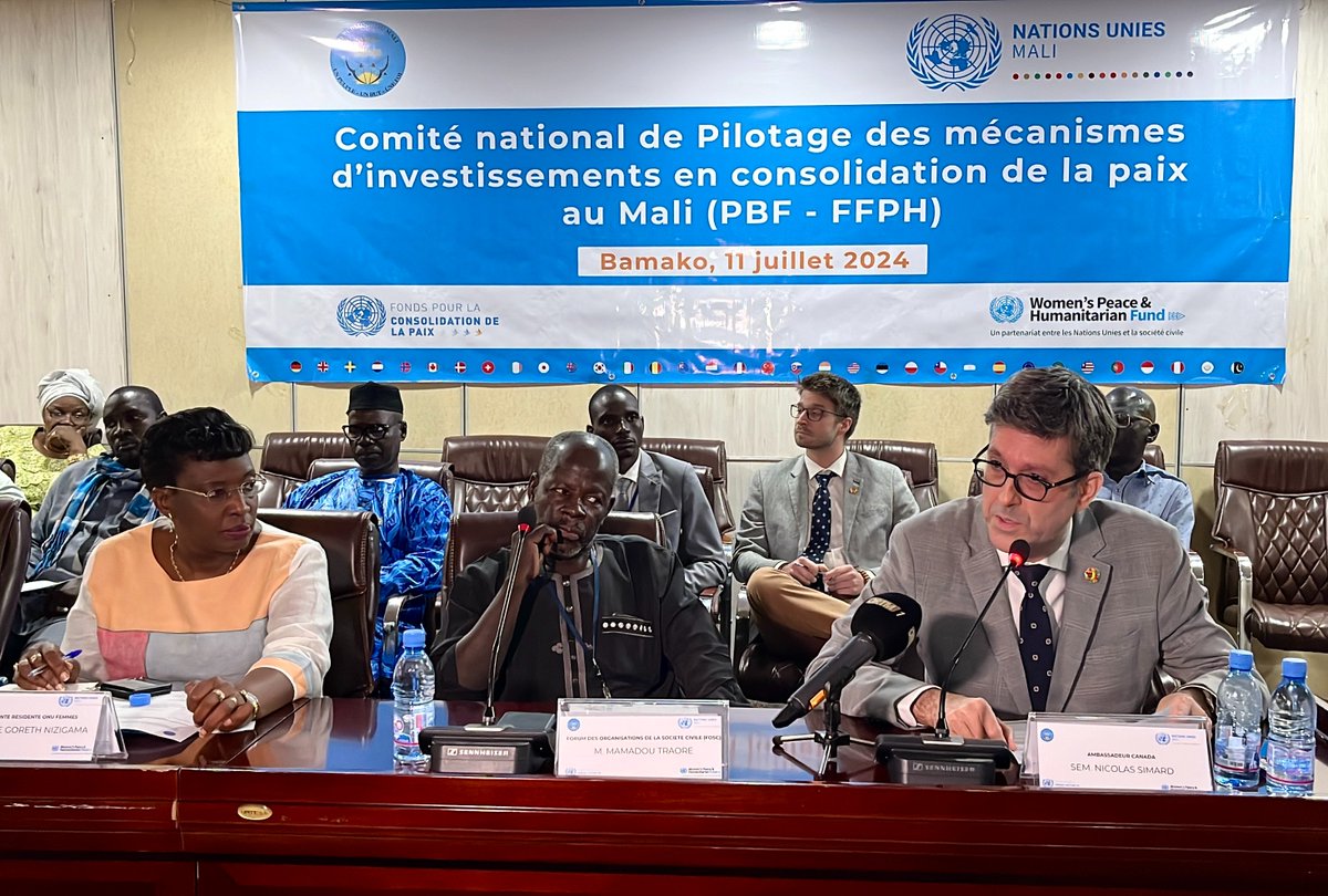 PBFMali's tweet photo. Comité de Pilotage des investissements en consolidation de la #paix au #Mali (#PBF-#FFPH) coprésidé par le Ministre A. DIOP @MaliMaeci & le RC/HC @AlainNoudehou avec la participation du Ministre Colonel Major I. WAGUE @MinistredelaRc4, le représentant des PTF, OSC & bénéficiaires https://t.co/WB4ythfg1U