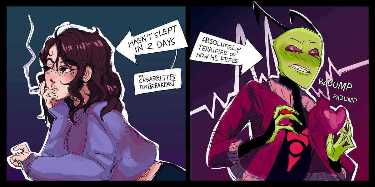 scaws5's tweet photo. Silly little art piece I commissioned from CS95P on Facebook of my silly au I rp with my buddy. Jazz is a disaster; don't let her fool you. #InvaderZim #Oc #Ocxcanon #Theyaresilly https://t.co/JpO3wvWYrx