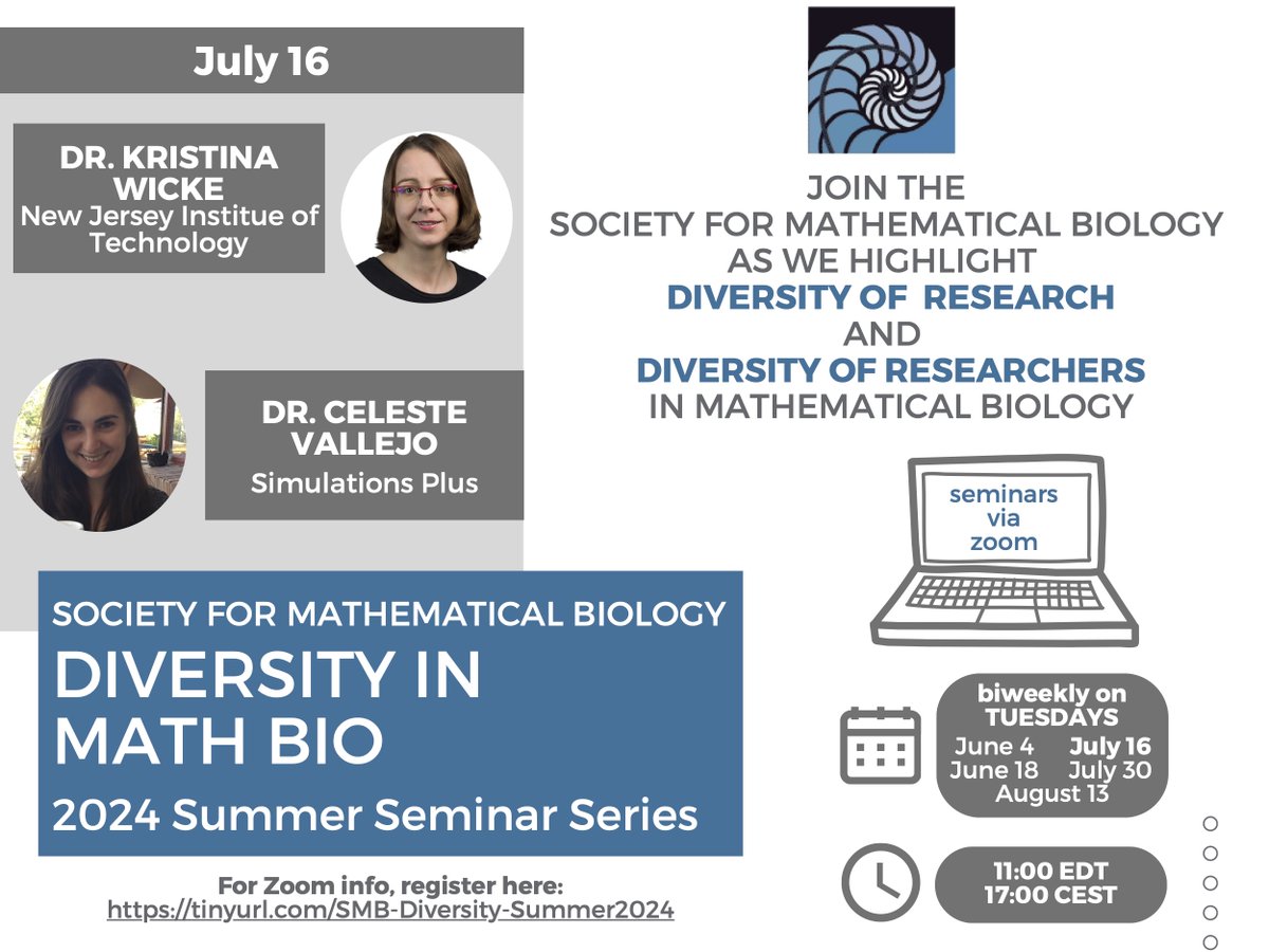 USCSysBio_Lab's tweet image. The 3rd set of talks in the @SMB_MathBiology Diversity in Math Bio seminar series will be Tuesday, July 16!
8:00 PDT / 11:00 EDT / 17:00 CEST
Get Zoom info:
tinyurl.com/SMB-Diversity-…
Join to learn about the breadth of research and range of researchers in mathematical biology!