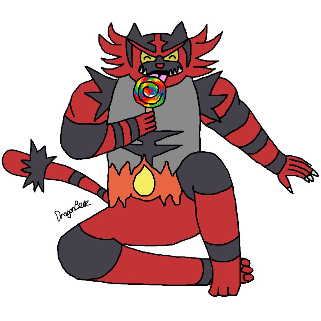 Still practising with arty stuff. Drew <a href="/plebslayerdani/">Plebslayer Daniderek</a>'s Incineroar eating a lollipop because Dani does love candy. Just gonna keep doing little art things and once more confident then add more skills to them like shadowing, shading etc

#pokemon #incineroar #art #pokemonart
