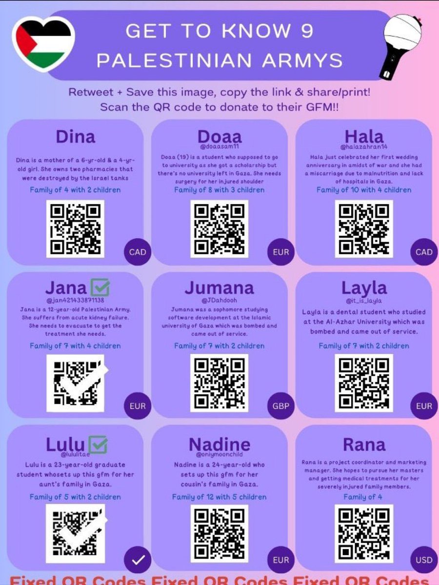 lelejazzdeV's tweet photo. let's keep helping our palestinian armys to evacuate, please!!💜 
dina: https://t.co/GfkYGby4TJ
doaa: https://t.co/L3yEpVGYlK
hala: https://t.co/65FVg9nXm7
jumana: https://t.co/yT4GRMfnzI
layla: https://t.co/RGgBc5pWyc
nadine: https://t.co/EoHi92QrB6
rana: https://t.co/uyN3Ds1bhA https://t.co/2N632KdS8W