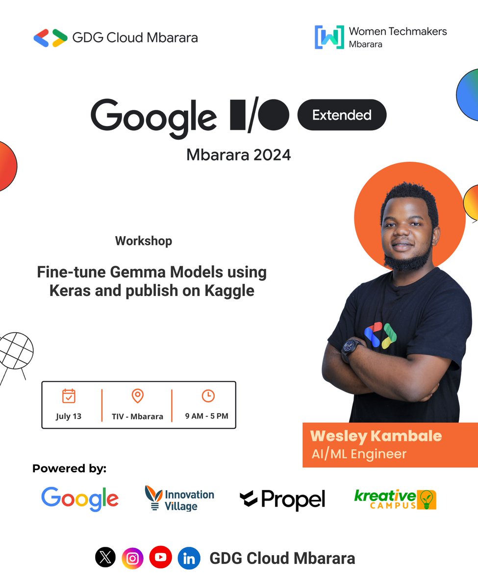 GDGCloudMbarara's tweet photo. 🚨 Speaker #7

We're excited to announce @WesKambale as our seventh speaker at #IOExtendedMbarara this Saturday, July 13! 🥳

Wesley is an ML engineer and data scientist with experience at crafting production-ready ML systems.

RSVP here: https://t.co/1gksD7iUlr https://t.co/tYrvkQtSyo