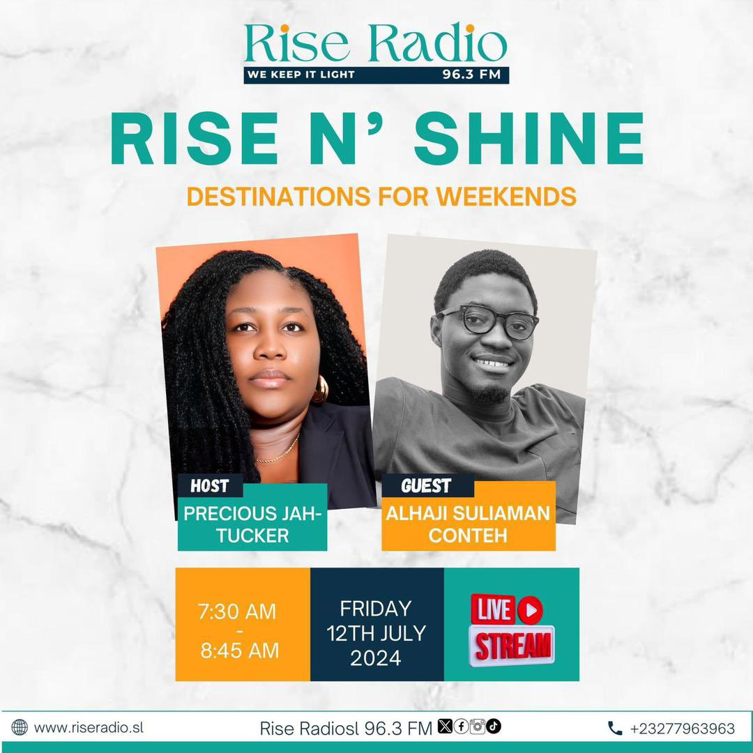 SaloneWaka's tweet photo. *The weekend is here and we are about to close it with The Closer, be on set for “Weekend Destinations” and brace up for more exciting information about the “Catch N’Relax” Getaway with WAKA SALONE, coming up in October - Join us 7:30AM tomorrow at Rise Radio 96.3FM* https://t.co/7FCEXvPZLN
