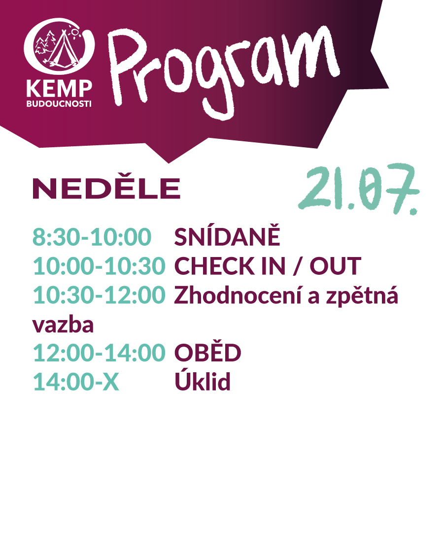 🏕️ Konečně dropnul kompletní, nabitý a inspirativní program Kempu Budoucnosti! 

Jestli ještě nejste registrovaní*é, můžete tak učinit v odkazu níže 👇