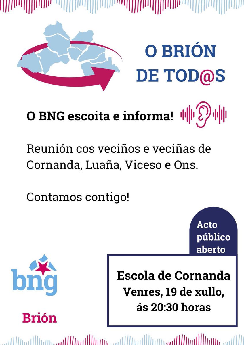bngbrion's tweet photo. 👂🏼 𝑶 𝑩𝒓𝒊𝒐́𝒏 𝒅𝒆 𝒕𝒐𝒅@𝒔. 𝑹𝒆𝒖𝒏𝒊𝒐́𝒏 𝒄𝒐𝒂 𝒗𝒆𝒄𝒊𝒏̃𝒂𝒏𝒛𝒂
📅 Venres, 19 de xullo
⏰ 20:30 h
📍 Escola de Cornanda

Non faltes. Agardámoste!

#Cornanda #Ons #Viceso #Luaña

#BNGdeBrión #ConcellodeBrión https://t.co/54kw9FRqST