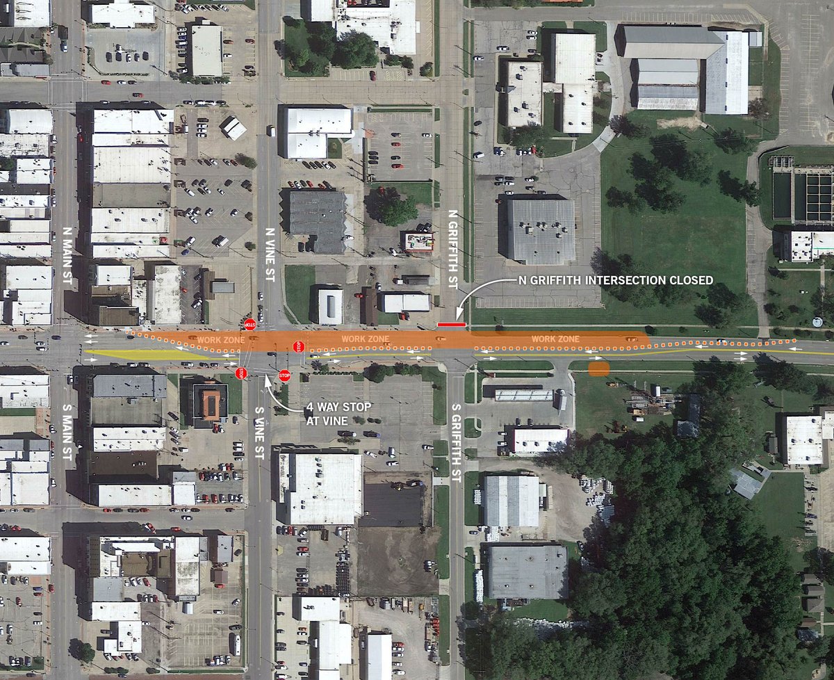 As the Central Avenue Project continues, drivers will be reduced to one lane each direction from east of Griffith Street to nearly Main Street beginning on Monday. In addition, Vine and Central will become a four-way stop. The traffic signals will be flashing red, with stop signs