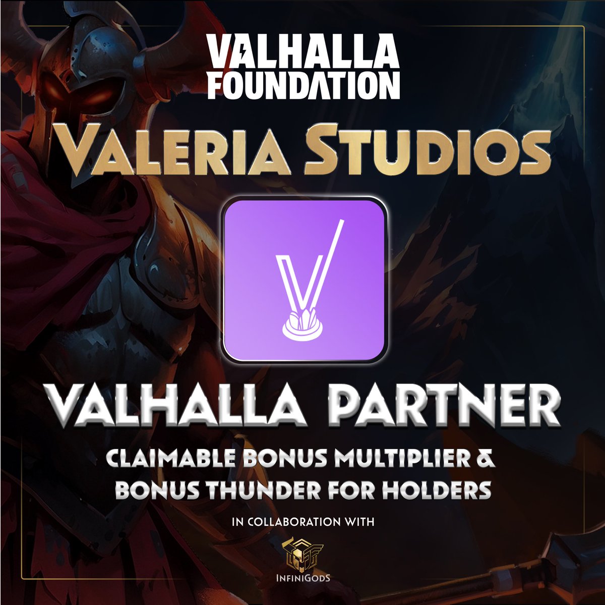 We're thrilled to announce our partnership with the <a href="/ValhallaFdn/">Valhalla Foundation</a> &amp; <a href="/InfiniGods/">InfiniGods⚡️</a> for the “Road to Valhalla” questing campaign.

Our holders have exclusive benefits, such as bonus point allocations, as well as bonus point multipliers to support their questing journey.

Collect those