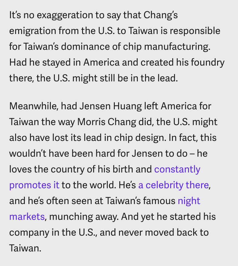 AlecStapp's tweet photo. The story of NVIDIA &amp; TSMC is really a story about immigration.

- With NVIDIA, we retained Jensen Huang and the US won big.

- With TSMC, we failed to retain Morris Chang and the US lost out.

Policymakers should be doing everything they can to keep superstar talent here. https://t.co/Tr2UOcUCv5