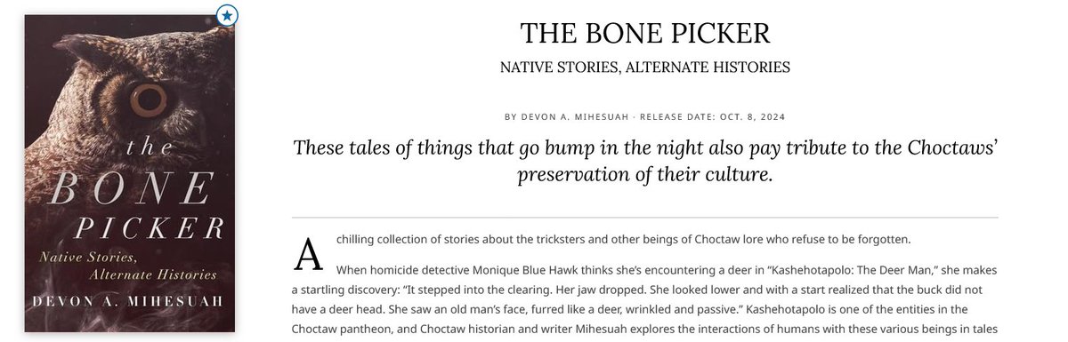 OUPress's tweet photo. Hey, #HorrorCommunity, THE BONE PICKER by @dmihesuah has earned a starred review in @KirkusReviews! If this one isn't on your spooky season TBR list, now's the time to add it! #ReadMoreHorror #ReadIndigenous 🔗 https://t.co/mkhK7ULPWY https://t.co/Dk3e1ZkN0d