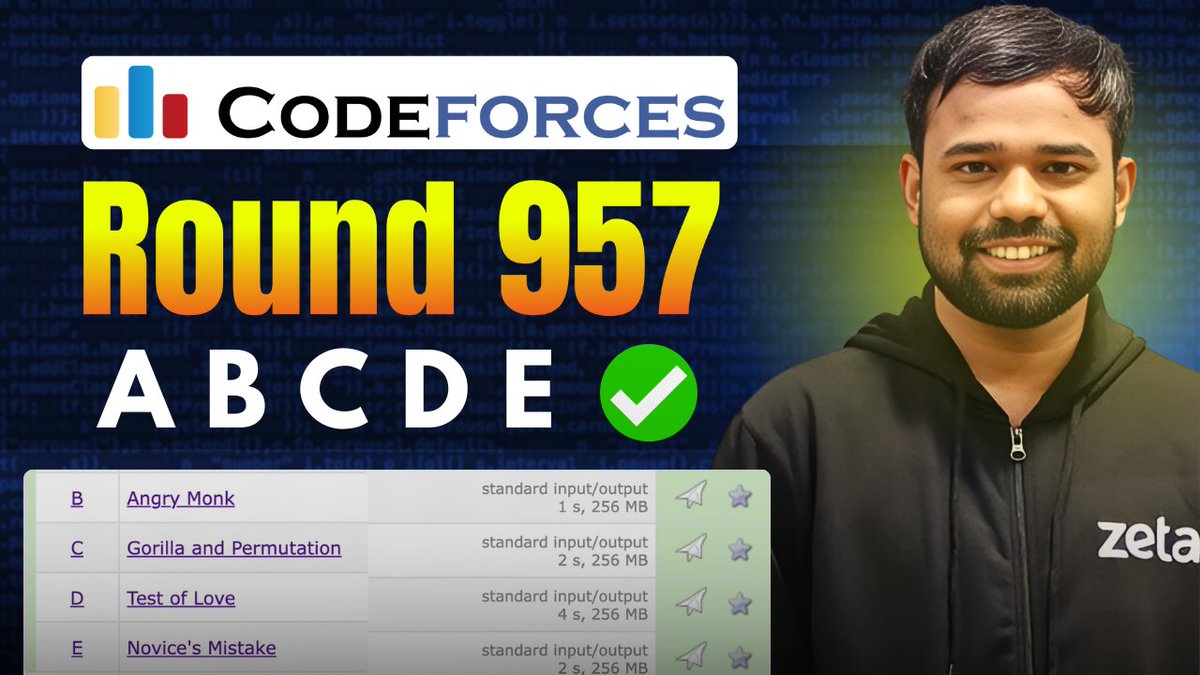 call_me_abhinav's tweet photo. Codeforces Round 957 (Div. 3) Editorials 🚀

Video Link: https://t.co/lOjUaZ1h1X

Problem A: https://t.co/5sPLm90s7l

Problem B: https://t.co/QOaIEXVCnP

Problem C: https://t.co/EIrnzcmffA

Problem D- https://t.co/CD2VSat84L

Problem E: https://t.co/219Jn5BzdY https://t.co/dFjpMESMxY