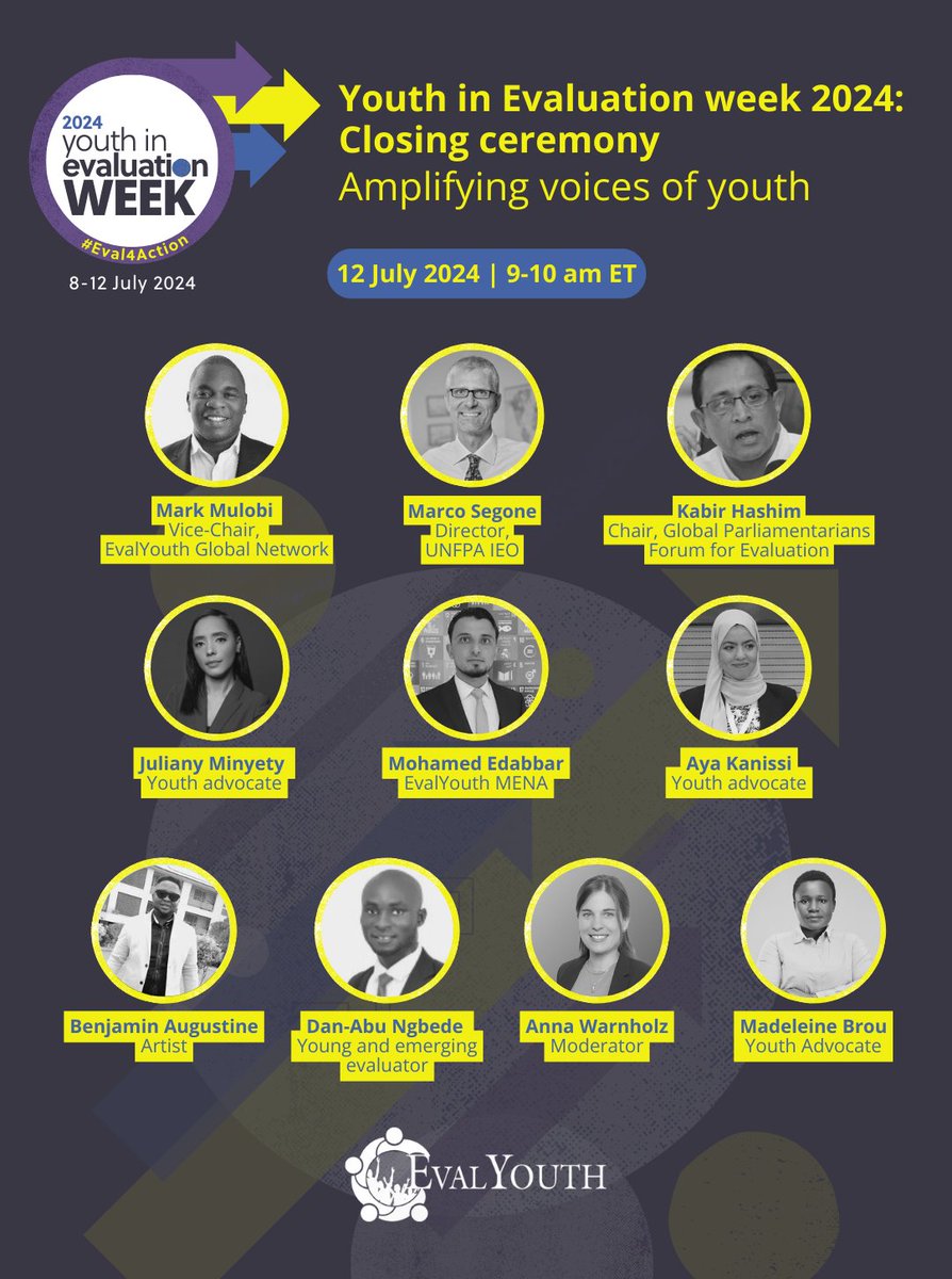 Marco Segone (@msegone) on Twitter photo Concluding tomorrow⏯️ #Eval4Action Youth in Evaluation week 2024
Honored to join <a href="/mulobi_/">Mark Mulobi_🇰🇪🌍</a> <a href="/KabirHashimLK/">Kabir Hashim</a> <a href="/LianyMindz/">Juliany Minyety Méndez</a> <a href="/MiniMmd/">Mohamed EDABBAR</a>, Aya Kanissi, Benjamin Augustine <a href="/NgbedeDan/">Dan-Abu Michael Ngbede</a>, Anna Warnholz & <a href="/brou_madeleine/">Brou Madeleine 🇨🇮🥗💦👦🏽💧🌽👧🏽🇨🇮</a> to wrap up this insightful week
Register now
🔗eval4action.org/amplifyingvoic… Concluding tomorrow⏯️ #Eval4Action Youth in Evaluation week 2024
Honored to join <a href="/mulobi_/">Mark Mulobi_🇰🇪🌍</a> <a href="/KabirHashimLK/">Kabir Hashim</a> <a href="/LianyMindz/">Juliany Minyety Méndez</a> <a href="/MiniMmd/">Mohamed EDABBAR</a>, Aya Kanissi, Benjamin Augustine <a href="/NgbedeDan/">Dan-Abu Michael Ngbede</a>, Anna Warnholz & <a href="/brou_madeleine/">Brou Madeleine 🇨🇮🥗💦👦🏽💧🌽👧🏽🇨🇮</a> to wrap up this insightful week
Register now
🔗eval4action.org/amplifyingvoic…