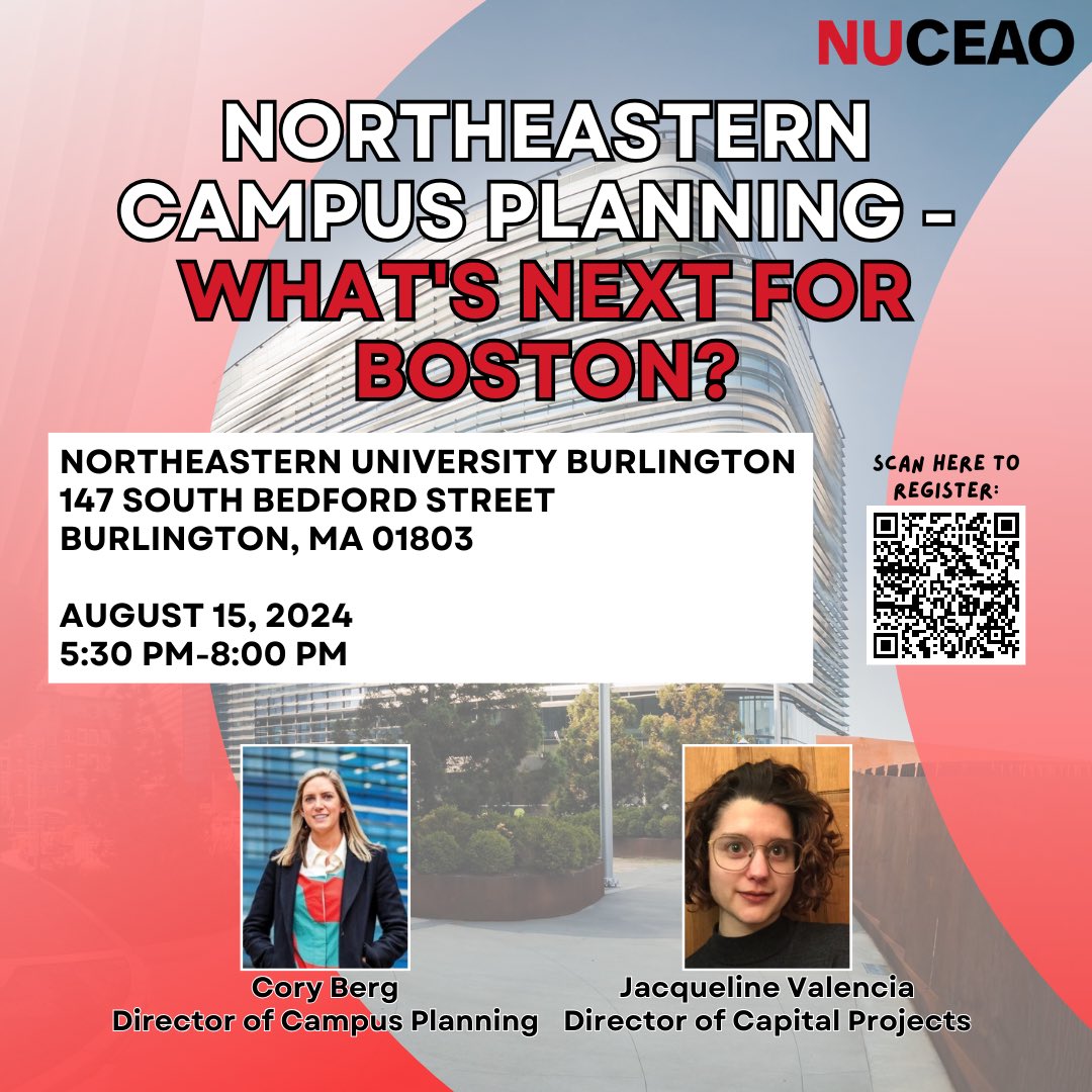 Wondering what's next for the Boston campus after opening EXP? 
Join the Northeastern Civil Engineering Alumni Organization (NUCEAO) on 8/15 at the Burlington campus to hear about Northeastern's impressive &amp; exciting plans for growth!

Registration:
eventregistration.northeastern.edu/event/d5c831ac…