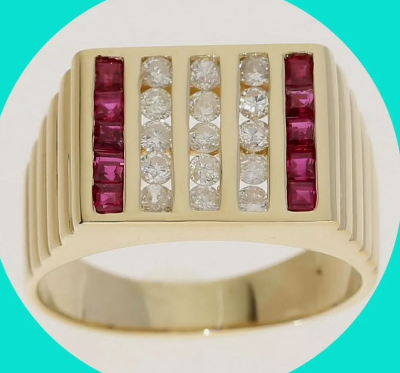 EmpirePawn's tweet image. A handsome and captivating men's ring, channel set with 15 round brilliant diamonds and invisible set with 10 lab created, princess cut rubies. #julybirthstone #rubies #mensrubyring #mensjewelry #mensrubyjewelry #julymensgifts #rubystone #rubystoneprice ebay.com/itm/3753601114…