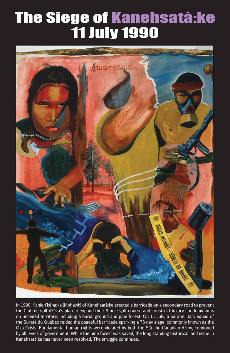 SeanCarleton's tweet photo. Today is the anniversary of the start of the siege of Kanehsatà:ke and Kahnawá:ke, on July 11, 1990. Learn more about the siege and its legacy with this poster by @EllenGabriel1 and interview for the @GHC_Comics  Remember/Resist/Redraw project:  https://t.co/NboJKRvCot https://t.co/yACsQRCLXC