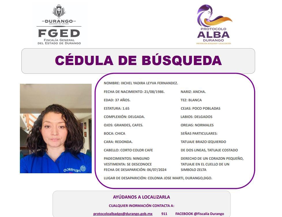 pilaraguilarm's tweet photo. Ixchel Yadira Leyva Fernández, de 37 años, la que desapareció de la colonia José Martí, de la ciudad de Durango, desde el día seis de Julio. La FGE recibió la denuncia y activó el Protocolo Alba, por lo que, si alguien la llegara a ver, o sabe de su paradero, favor de... https://t.co/7QcLnHfa19