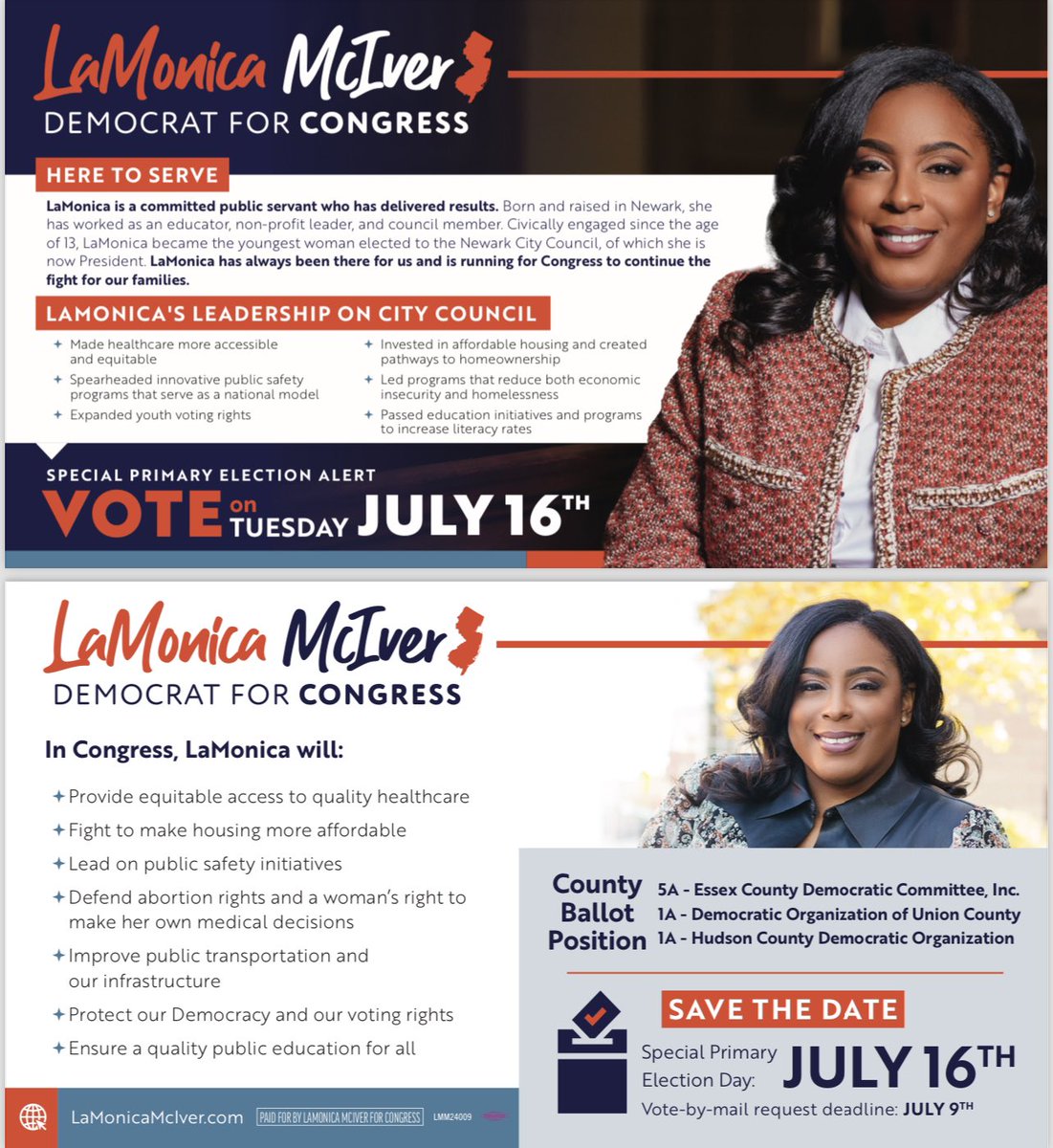 Let’s Go CD 10!! It’s Voting Time! 🗳️

Early Voting Begins Tomorrow in your City! 

Want to know more about me? 

Visit Our Website: 
LaMonicaForCongress.com
(link in bio) 

Find me on the ballot:
⏩5A: Essex
⏩1A: Hudson 
⏩1A: Union 

#VotingMatter✨