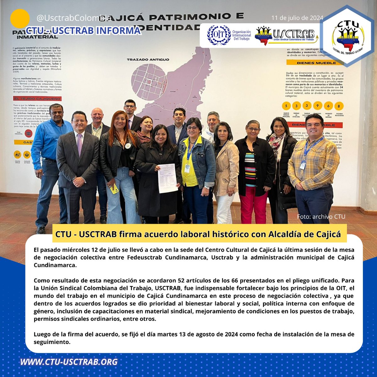 usctrab's tweet photo. #EsNoticiaCTU | 🫂  La Central del Trabajo CTU – USCTRAB informa y educa en el Mundo del Trabajo en Colombia, Las y los invitamos a leer y compartir:
.
🚨🗞 CTU - USCTRAB FIRMA ACUERDO LABORAL HISTÓRICO CON @alcajica 
📲 https://t.co/fhY6xRz00c