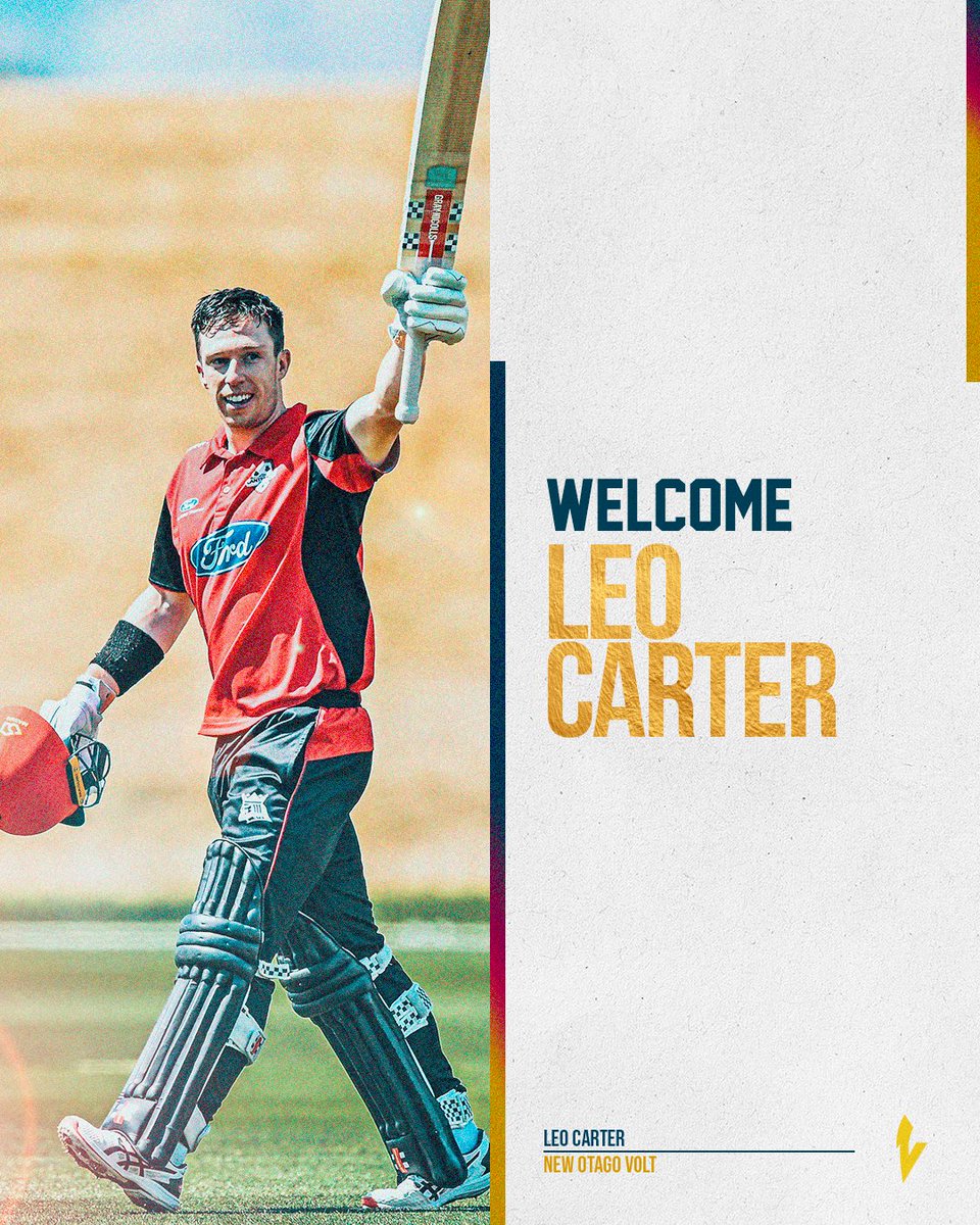 OtagoCricket's tweet photo. Welcome Leo Carter โก๏ธ
Leo joins us after 10 years with Canterbury and we are looking forward to adding his experience to our Volts squad.
Our first round of contract announcements will be released 18th July.
#thesouthernway https://t.co/xsrHlnd5vi