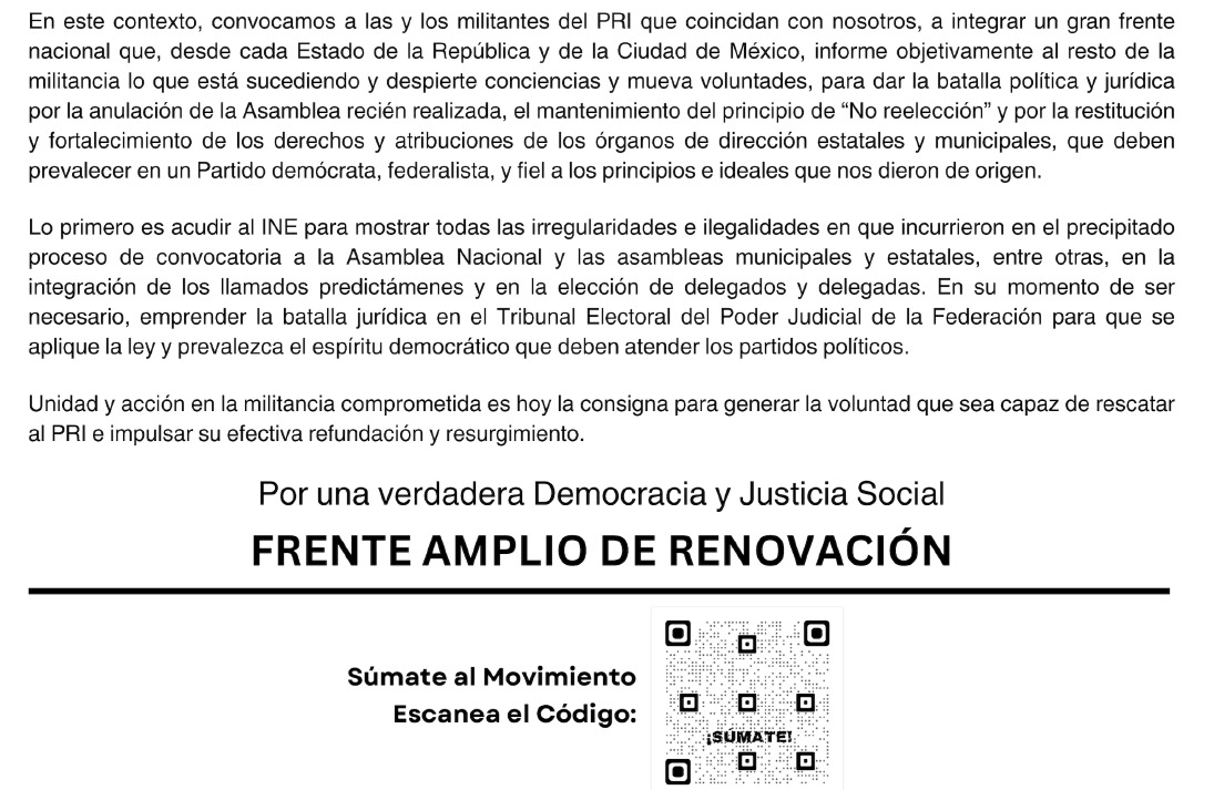 Llamado a todas y todos los militantes del PRI que no estén de acuerdo con la celebración anticipada de la Asamblea Nacional y la Reelección de la Actual Dirigencia.