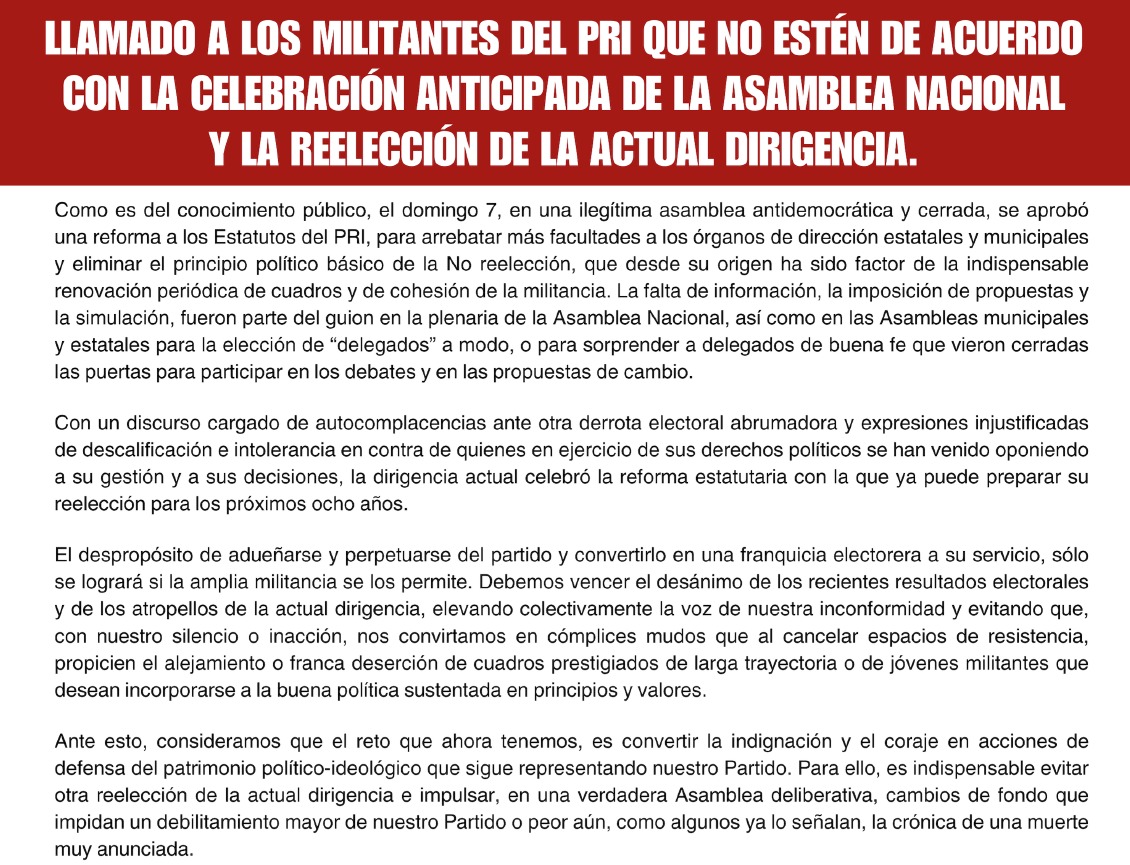 DulceSauri's tweet photo. Llamado a todas y todos los militantes del PRI que no estén de acuerdo con la celebración anticipada de la Asamblea Nacional y la Reelección de la Actual Dirigencia. https://t.co/6SsR21HUd2