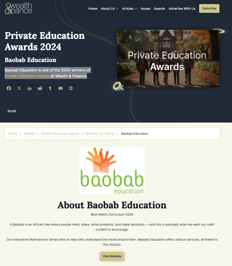 baobabeducation's tweet photo. Another award for Baobab Education: 
Best Maths Curriculum 2024

Baobab Education is one of the 2024 winners of Private Education Awards at Wealth &amp; Finance.
https://t.co/DdNnb94aI9
#awards #education #elearning #math #matheducation #EdTechConference2024 #edtech #iteachmath https://t.co/K1ivyLytLT