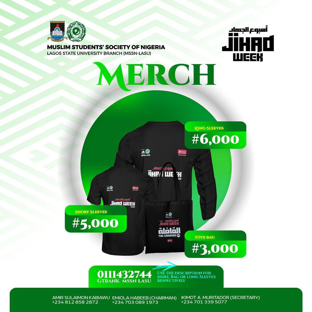 MSSN_LASU's tweet photo. We are definitely going into Jihad Week in style!!!🤩

Get one or all of our exclusive collection of The Jihad week Merch.

The Tees and tote bags are in limited quantities,place an order before we get sold out. https://t.co/uYsdqymIlc