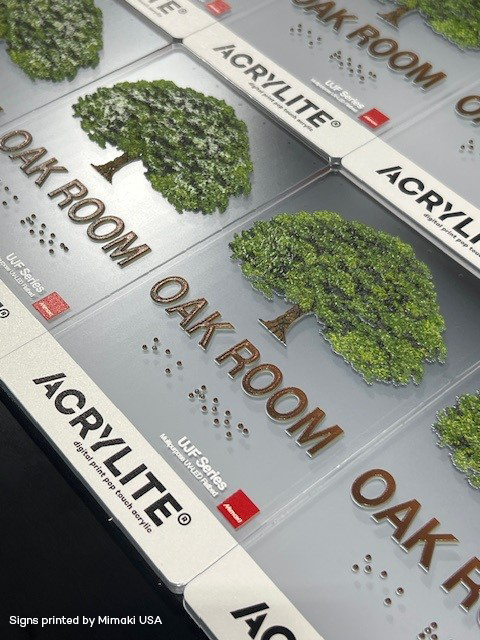 ACRYLITE's tweet photo. Introducing #ACRYLITE® digital print pop touch acrylic for ADA/Braille signage! Double-sided, tactile direct-to-print! The ONLY product like it on the market. Signs printed by #mimakiusa https://t.co/Prh9EcBVjZ