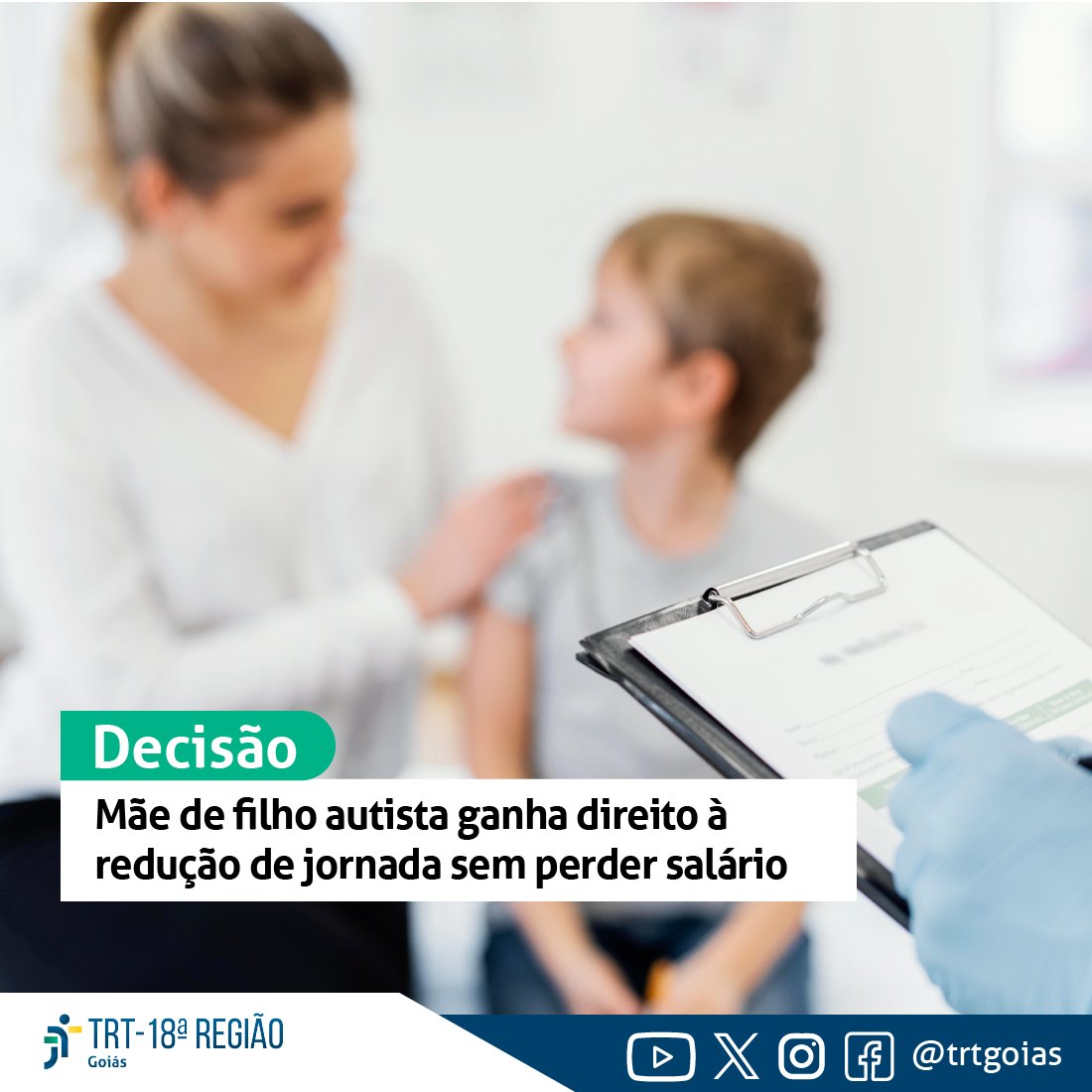 A mãe é bancária em uma instituição pública e recorreu à Justiça porque o filho, menor de idade, tem autismo e epilepsia de difícil controle. Leia mais em: trt18.jus.br/.../filho-auti….
#TRT18 #autismo #reduçãodejornada