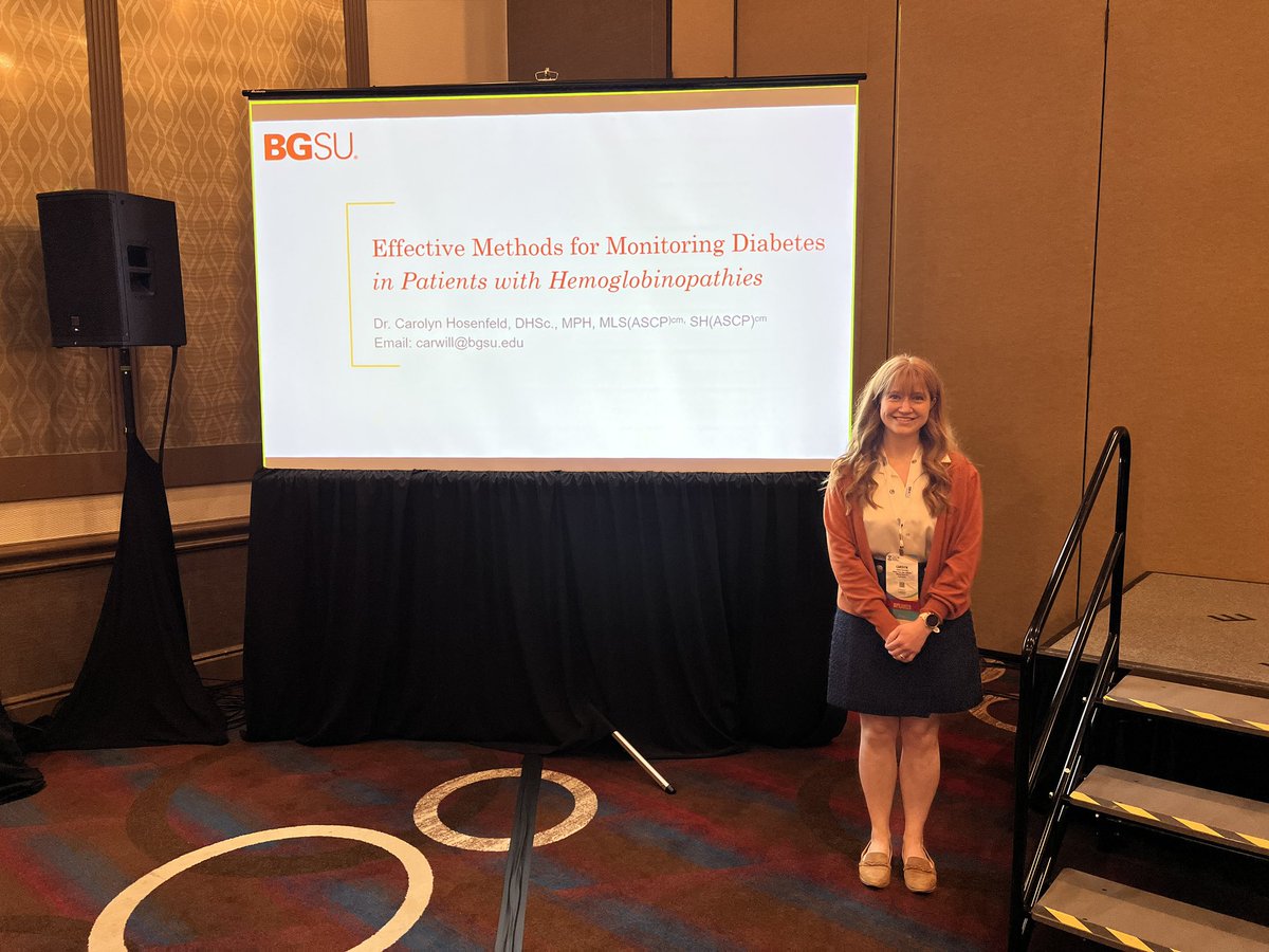Bgsumedlabsci's tweet photo. Dr. Carolyn Hosenfeld presented at the 2024 ASCLS JAM this morning, discussing diabetes monitoring methods in patients with hemoglobinopathies. Great job! 👏 #ASCLS #LabJAM https://t.co/jQSPRfCVmD