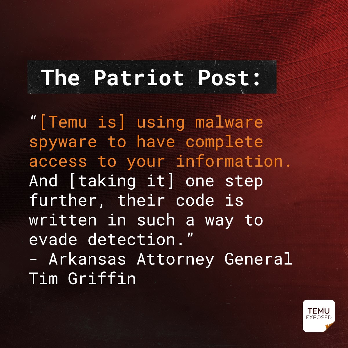TemuExposed's tweet photo. ⚠️WARNING: Temu could be spying on you!

Temu disguises itself as an e-commerce app, but in reality, Temu weaponizes Americans’ personal and private data for China. Learn more via @PatriotPost: