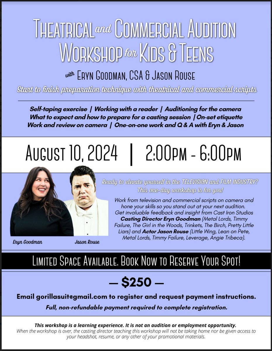 Some new audition workshop coming up in Portland! One for Adults, one for kids and teens. August 10th.